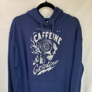 New XL Powered by Caffeine & Gasoline Skull Logo Blue Pullover Hoodie